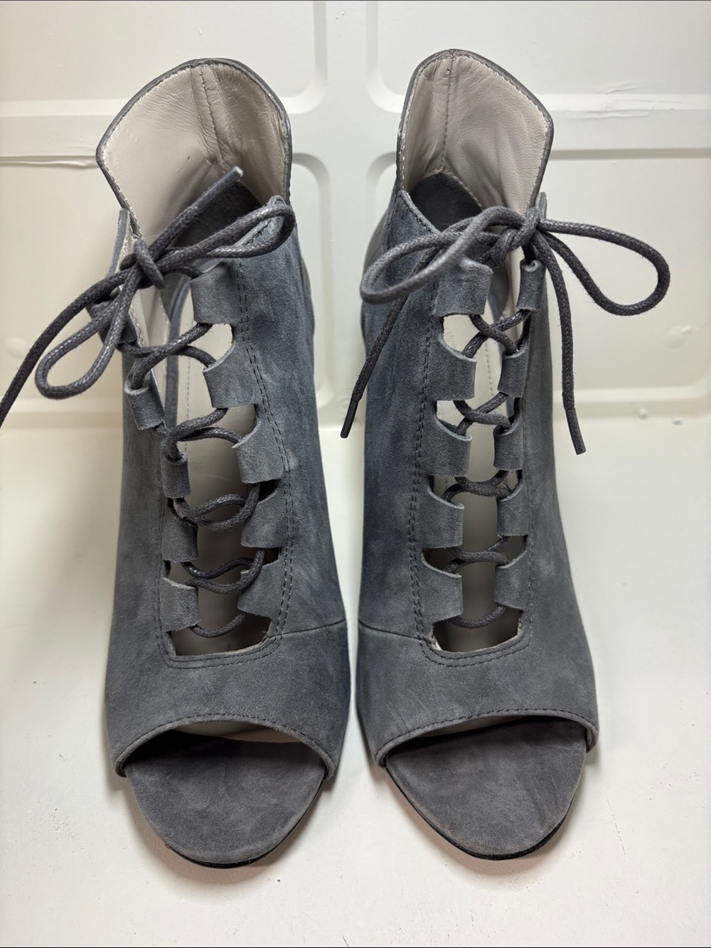 Pour La Victoire Grey Suede Lace-Up Peep Toe Heels